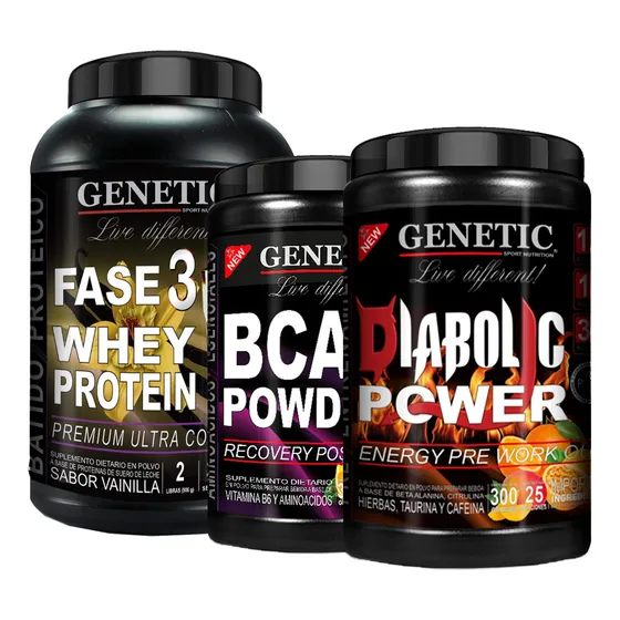 Aumento Muscular Whey Pro + Diabolic + Bcaa Powder Genetic Sabor Vainilla