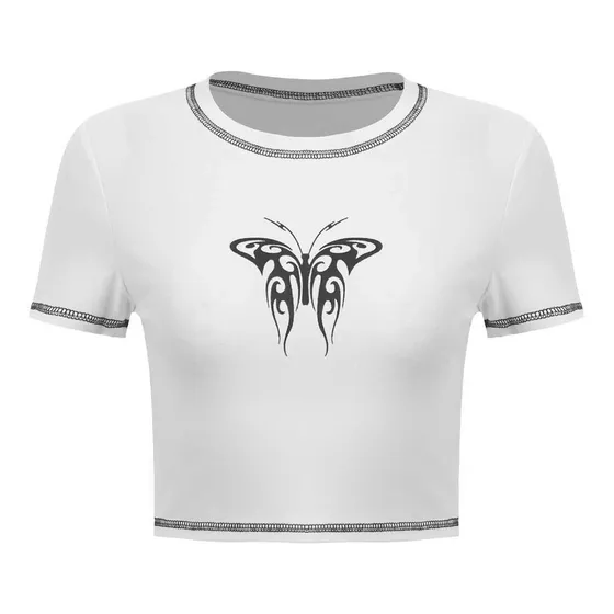 Top Costuras Contraste Mariposa Tribal Y2k Aesthetic