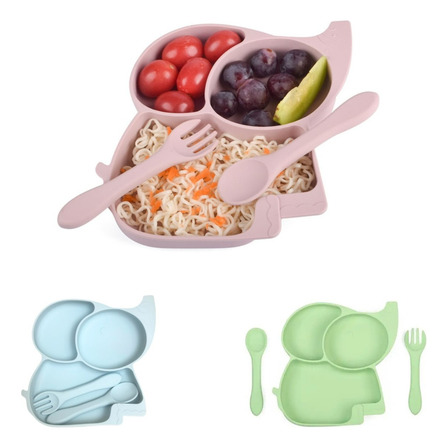 Prato Infantil Elefante Divisórias Ventosa Talheres Silicone Prato Infantil Elefante Divisórias Ventosa Talheres Silicone