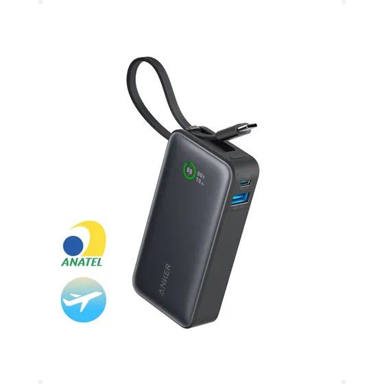 Carregador Portátil Power Bank Anker Nano 10000mah 30w Turbo Com Cabo Usb-c Embutido E Tela Digital Leve E Compacto Original Preto