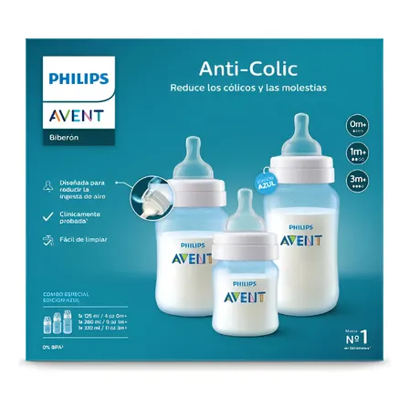 Set 3 Mamaderas Anti-colic Avent Azul