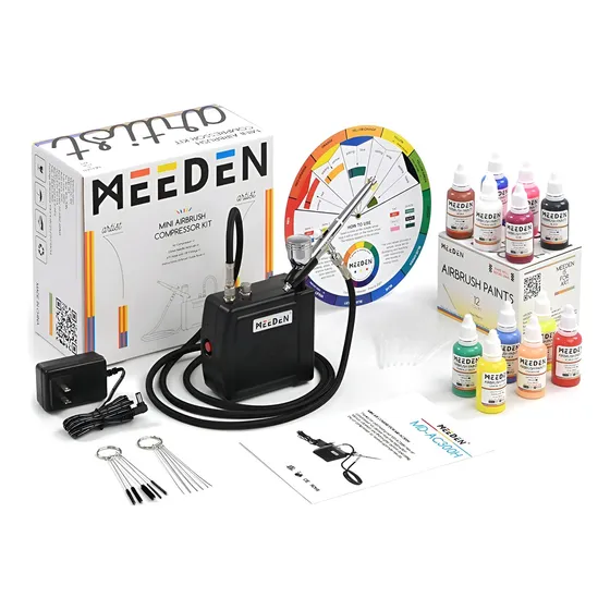 Set Aerografia Meeden Con Mini Compresor 240v Y 12 Pinturas