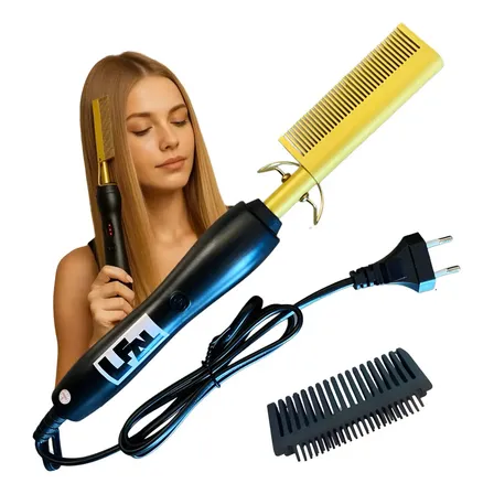 Escova Alisadora Pente Quente Elétrico Alisador Modelador Modeladora Definidora Profissional Bivolt Preto Titânio Cabelo Anti Frizz Desembaraçadora Liso Rapido Cabo Giratório Brilho Portátil Lfal