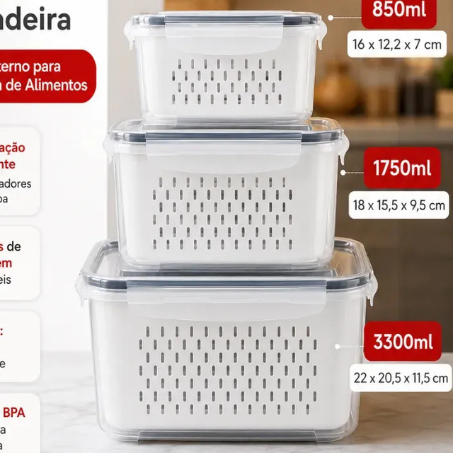 Kit com 3 potes organizadores de geladeira transparentes da marca Starhouse, empilhados, com tamanhos de 850ml, 1750ml e 3300ml, exibindo cestos escorredores internos e tampas com travas herméticas.