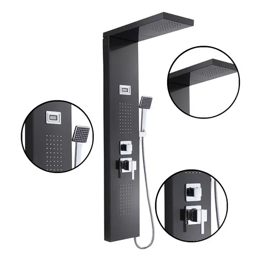 Regadera Panel de Ducha Solana Modelo Young Negra con Panel LED Regadera de Mano Salida de Agua Modo Lluvia e Hidromasaje