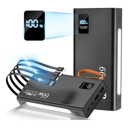 Belosin Power Bank 35000mah 66w Carga Rápida Batería Portátil Negro Con 4 Cables Y Luz Led