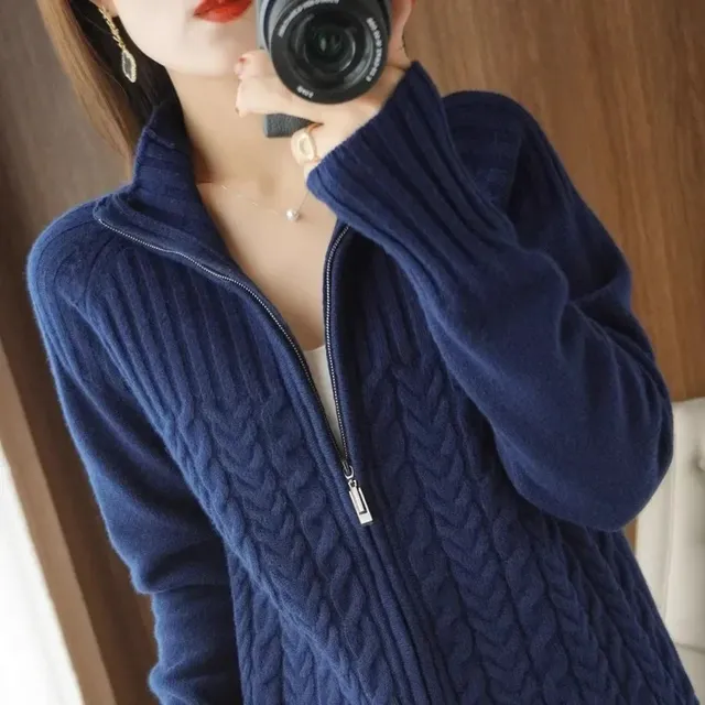 Chaqueta Tipo Cárdigan De Cachemir Para Mujer, Cuello Alto Y