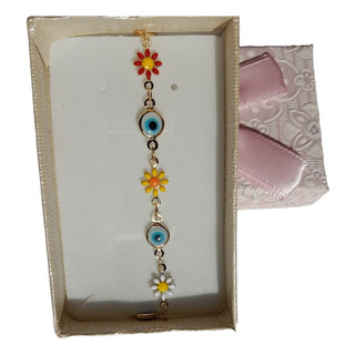 Pulsera Flor Ojo Turco Azul Oro Laminado Amuleto Mal De Ojo Pulsera Flor Ojo Turco Azul Oro Laminado Amuleto Mal De Ojo