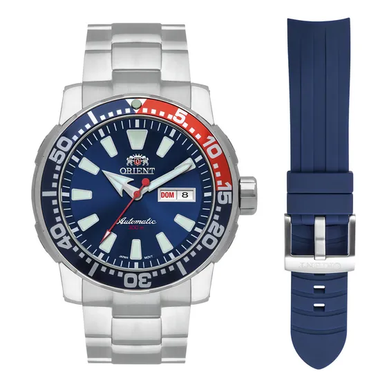 Relógio Orient Masculino Automático Diver Mergulho 300m Correia Prateado Bisel Azul/Vermelho Fundo Azul
