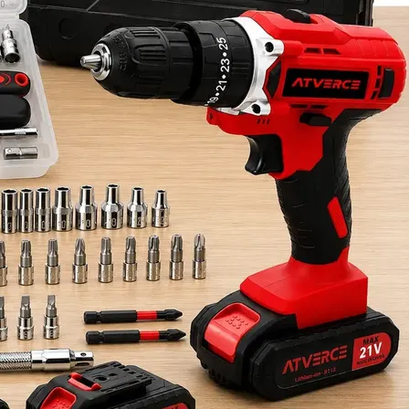Parafusadeira Furadeira de Impacto Atverce, sem Fio, com 2 Baterias e Kit 46 Peças