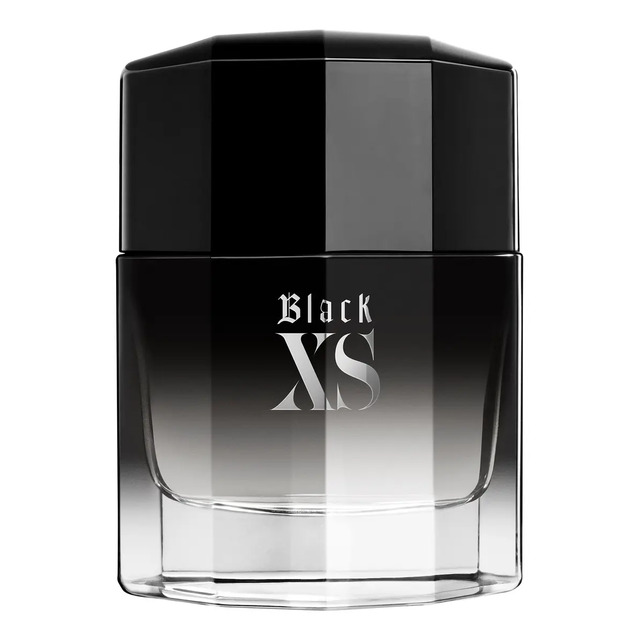 Frasco de vidro do perfume Paco Rabanne Black XS com tampa preta e design degradê, exibindo o nome em destaque no centro.