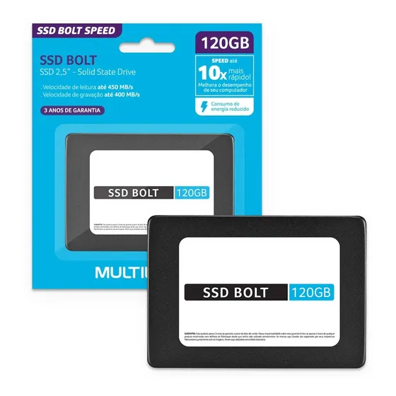Ssd Multilaser, 2.5 Pol., Sata, 120gb, Bolt, Gravação 40mb/s Cor Preto