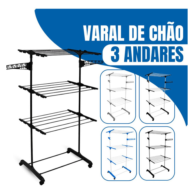 Varal De Chão Varal De Roupas 3 Andares Dobrável Grande C/ 4 Rodas Cor Preto/preto