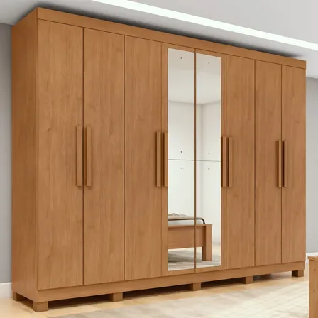 Guarda-roupa Easy Slim 8 Portas Espelho E Pés Amendoa Clean