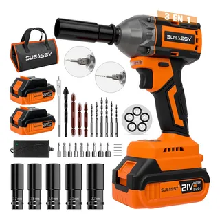 Llave De Impacto Inalámbrica Electrica Sin Escobillas Pistola Taladro Impacto 1/2 Y 1/4 3 En 1 520 Nm 2 Baterías 36 Piezas, Utilizado Para Reparación De Automotriz Y Muebles, Perforación