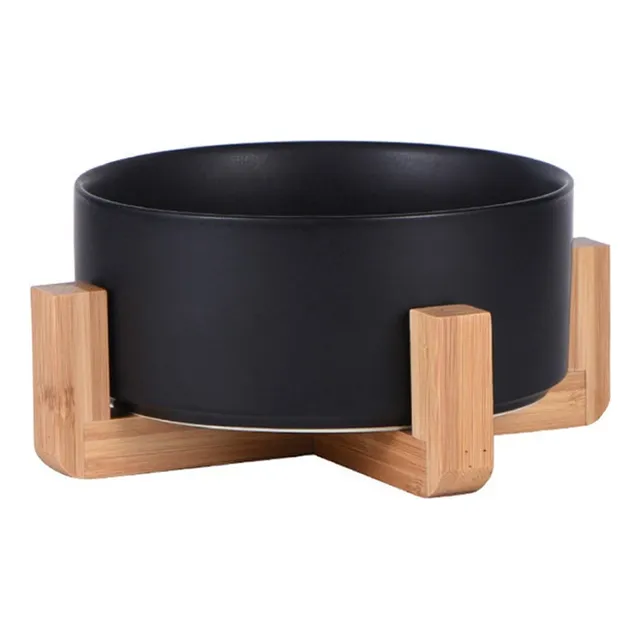 Comedero Bebedero Mascota Elevado Ceramica Base Madera Color Negro