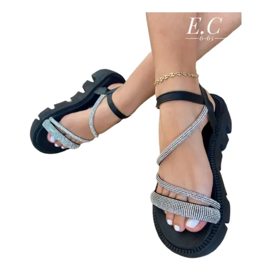 Sandalias Brillantes Tacón Estilo Tractor Para Dama