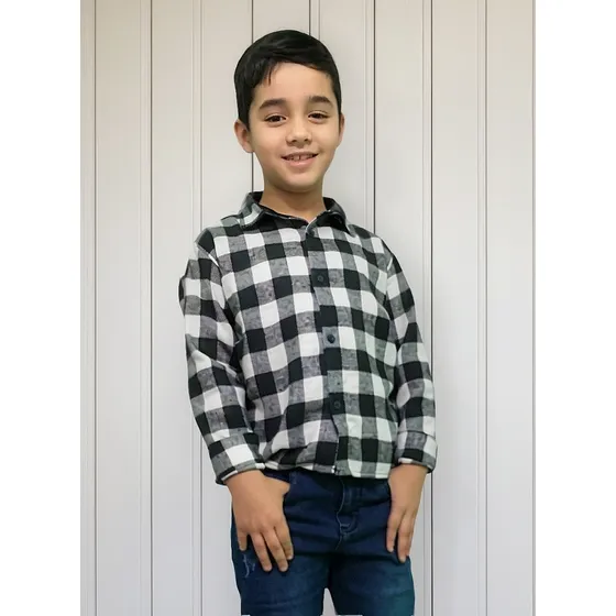 Camisa Longa Branca Colorida Lisa Xadrez Infantil Social
