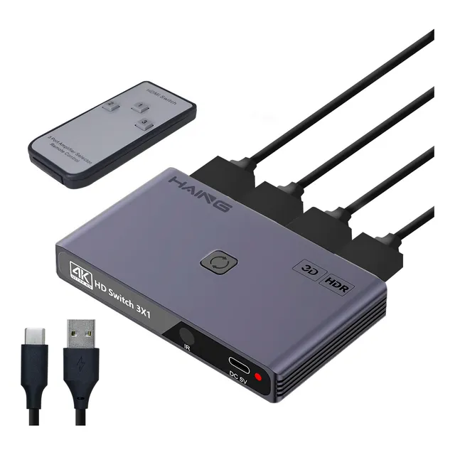 Conmutador Switch Hdmi 3 Puertos De Entradas A 1 Salida Slim Company Con Control Remoto Adaptador Divisor 4k 1080p Video Color Gris