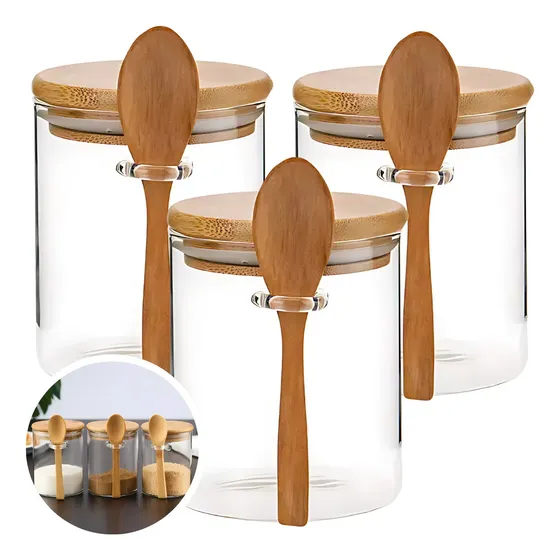3 Pote Vidro Hermético Com Colher Bambu Café Açúcar Biscoito
