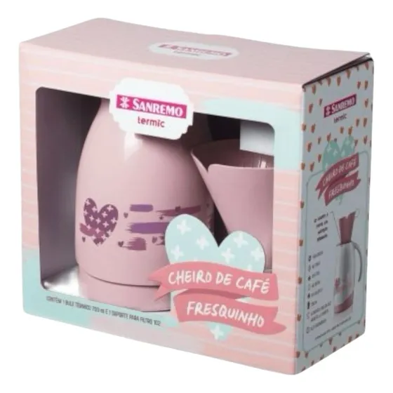 Conjunto Bule Térmico Garrafa 700ml + Suporte P/ Filtro Café TM 102 Cor Rosa