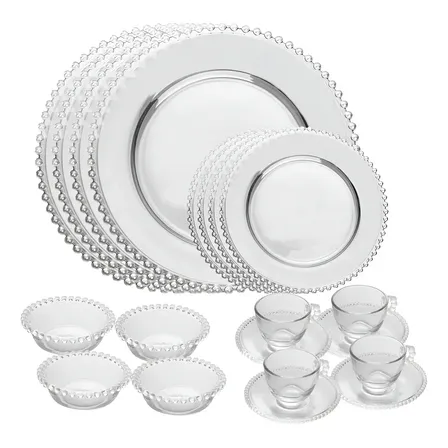 Jogo De Jantar 20 Peças De Cristal Ecológico Pearl Completo Cor Transparente