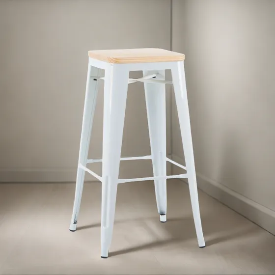 Banco Taburete Alto Barra Metal Cn Madera Tolix Blanco Hlc