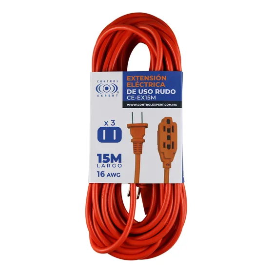 Extensión Eléctrica Uso Rudo 15 Metros Reforzada Color Naranja