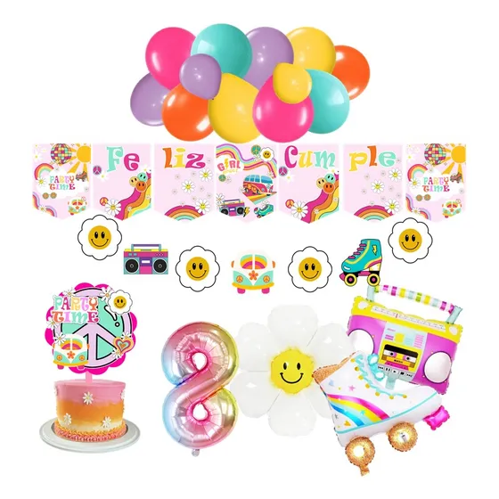 Combo Globo Retro Paz Y Amor Feliz Cumple