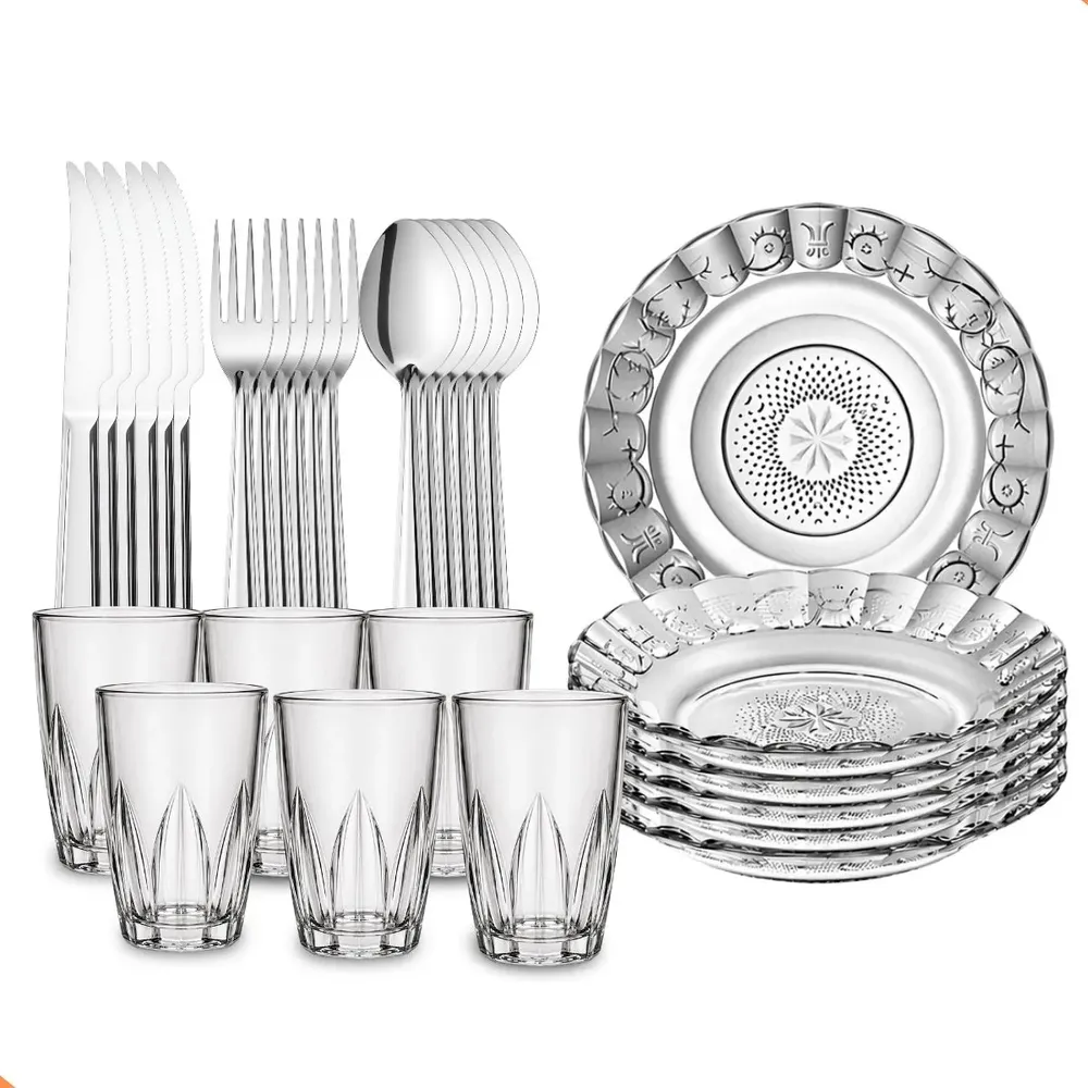 Kit Jantar 30 Peças Pratos Talheres Copos Vidro Mesa Posta Transparente Verdan