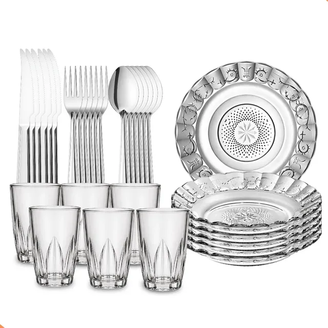 Kit Jantar 30 Peças Pratos Talheres Copos Vidro Mesa Posta Transparente Verdan.