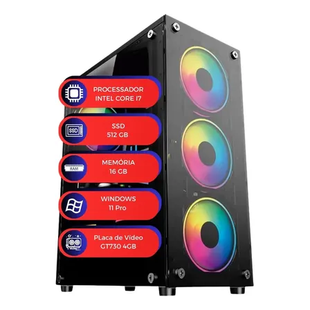 Computador Gamer Multipc Gt730 Core I7 16gb Ssd 512gb Win 11 Capacidade de memória RAM 16 GB Capacidade do disco 512 GB Placa gráfica GT 730