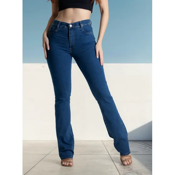 Calça Jeans Feminina Cintura Alta Sawary Lycra Flare Bootcut