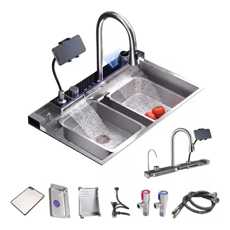 Cuba Cozinha Gourmet 75x46 Inox Prata Com Torneira De Cozinha Flexível, Torneira Para Água Filtrada E Suporte Para Celular