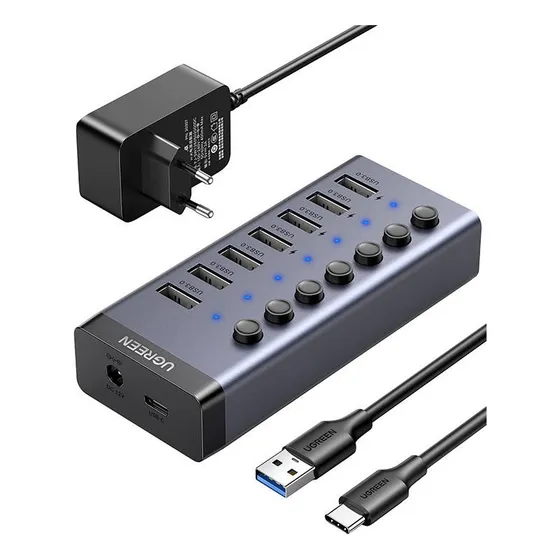 Dockstation Hub 7 Em 1 Ugreen Usb-c Para 7* Usb 3.0 Dc 12v