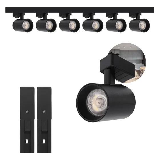 Kit RY Trilho Eletrificado Preto 2m + 6 Spots Led Preto 10w Luz Frio 6.000 K