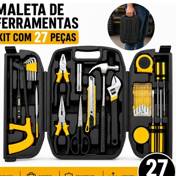 Kit De Ferramentas 27 Peças Com Maleta Completo Jogo De Ferramentas Para Casa Reparos Manutenção Móveis E Emergências Prático Versátil