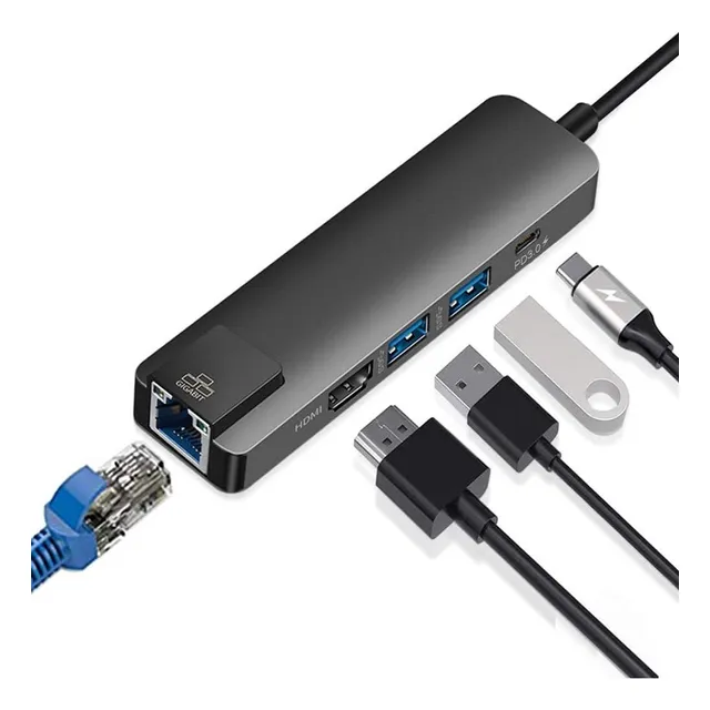 Adaptador Tipo C 5 Puertos 2 Usb 3.0 Hdmi Rj45 Lan Tipo C