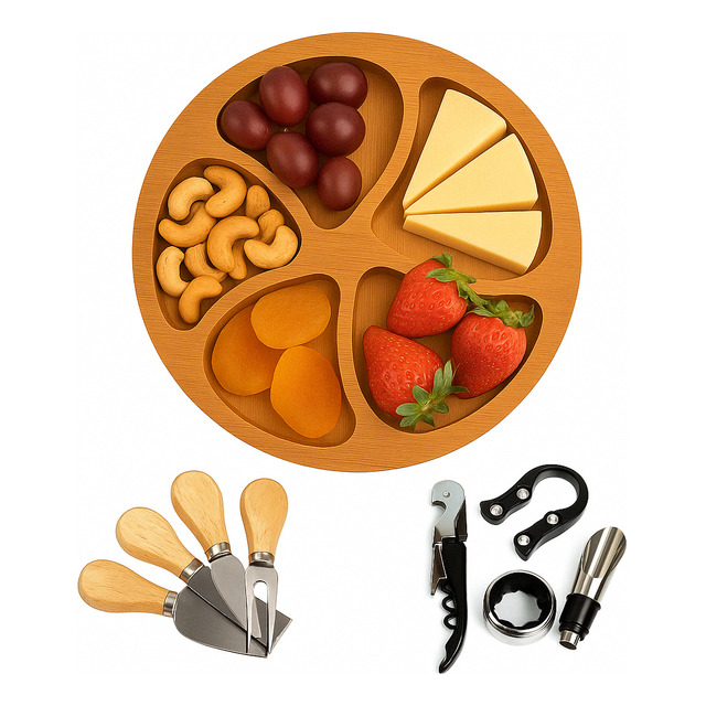 Kit Vinho 4 Peças + 4 Facas P Queijo + Petisqueira Presente Kit Vinho 4 Peças + 4 Facas P Queijo + Petisqueira Presente
