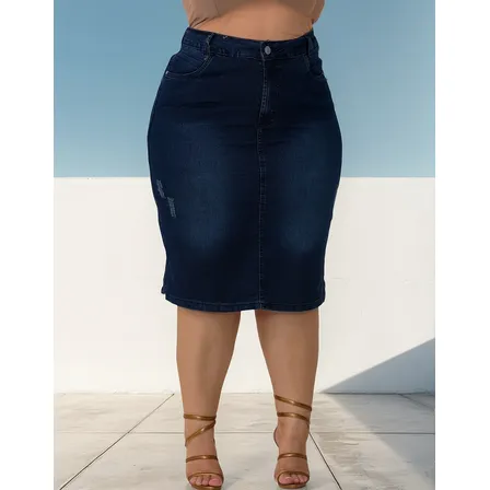 Saia Jeans Plus Size Intermediaria Midi Cintura Alta C Lycra