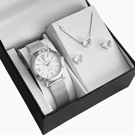 Kit Relógio Feminino Prata Prova D'água + Colar E Brincos Prateado