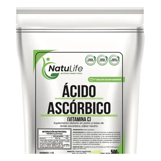 Vitamina C Pura Acido Ascorbico X 500 Gr Envase Termosellado