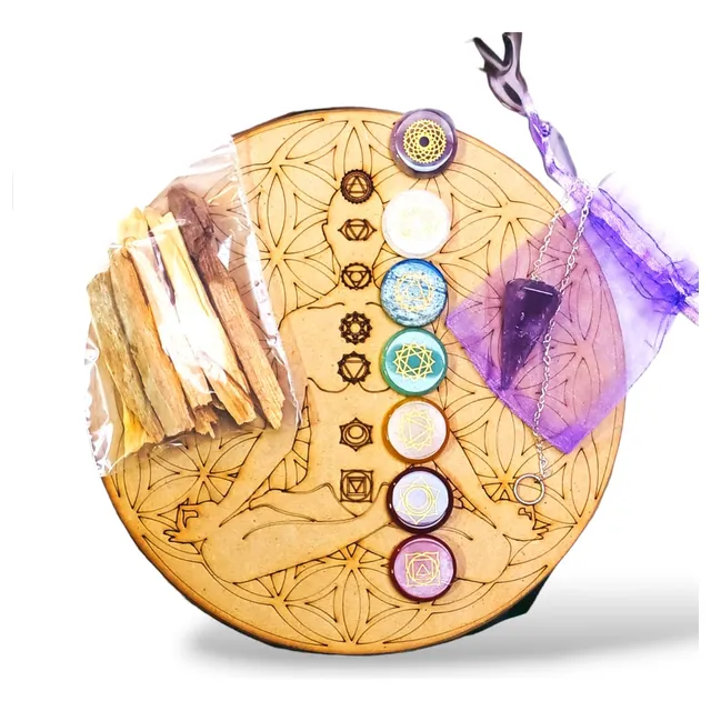 Set Gemas 7 Chakras + Tabla Madera 20cms + Péndulo + 7 Bolsa