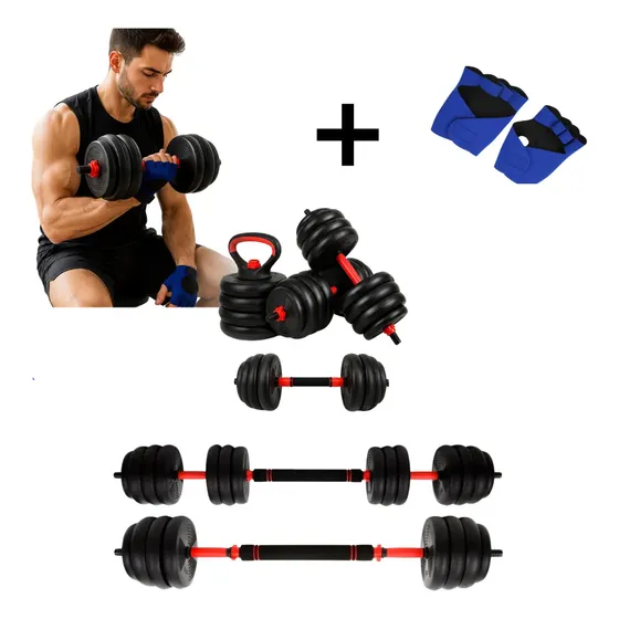 Kit Halteres 6 Em 1 Peso Musculação Até 30kg Ajustável Preto