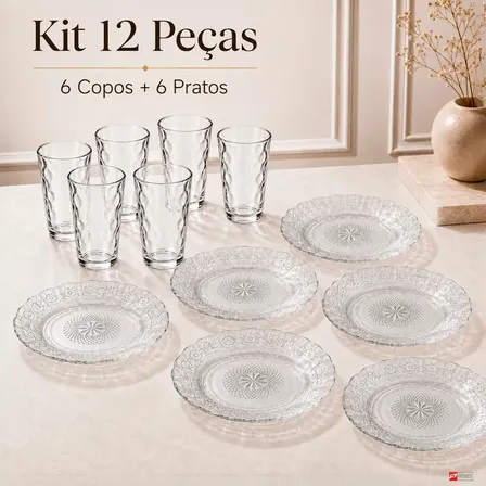 Kit de Copos e Pratos Sforte de Vidro com Relevo para Mesa Posta, Almoços e Sobremesas