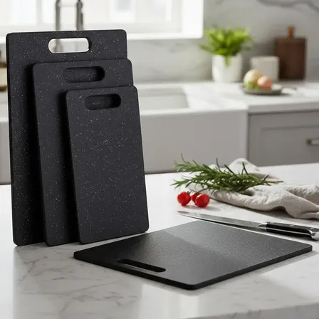 Set X3 Tabla Cocina Profesional Picar Cortar Servir Plástico Set X3 Plástico Pp Grado Alimenticio Negro Tipo Mármol
