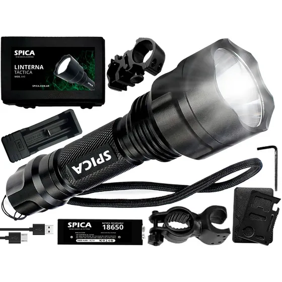 Linterna Tactica Led Militar SPICA X-40 A Baterias Recargable 5 Modos De Iluminacion Luz Blanca Soporte Para Bicicleta Herramienta Multiuso Color Negro