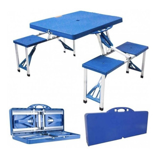 Mesa Dobrável De Alumínio Azul C 4 Banquetas Para Camping Mesa Dobrável De Alumínio Azul C 4 Banquetas Para Camping