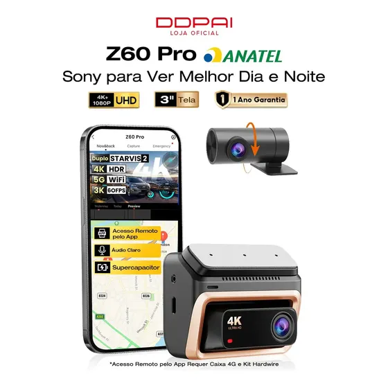 DDPAI Z60 Pro Câmera Veicular Automotiva STARVIS 2 IMX678+IMX662 com Monitoramento Remoto 4K+1080P 3