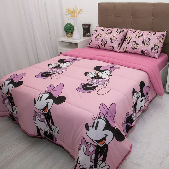 Edredom Casal Mickey & Minnie Disney Malha 100% Algodão 200x Cor Minnie Beauty Rosa